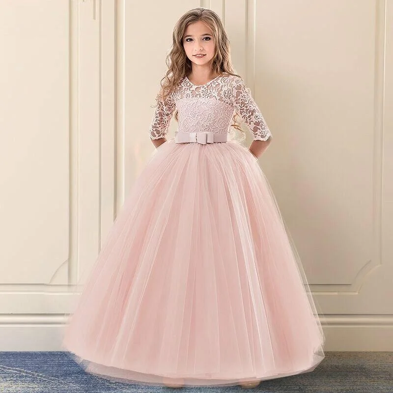 Embroidery Girls Lace Dress For Wedding Party Dresses Floral Ceremony Formal Ball Gown Kids Dresses For Girls Robe Fille 8 9 14Y