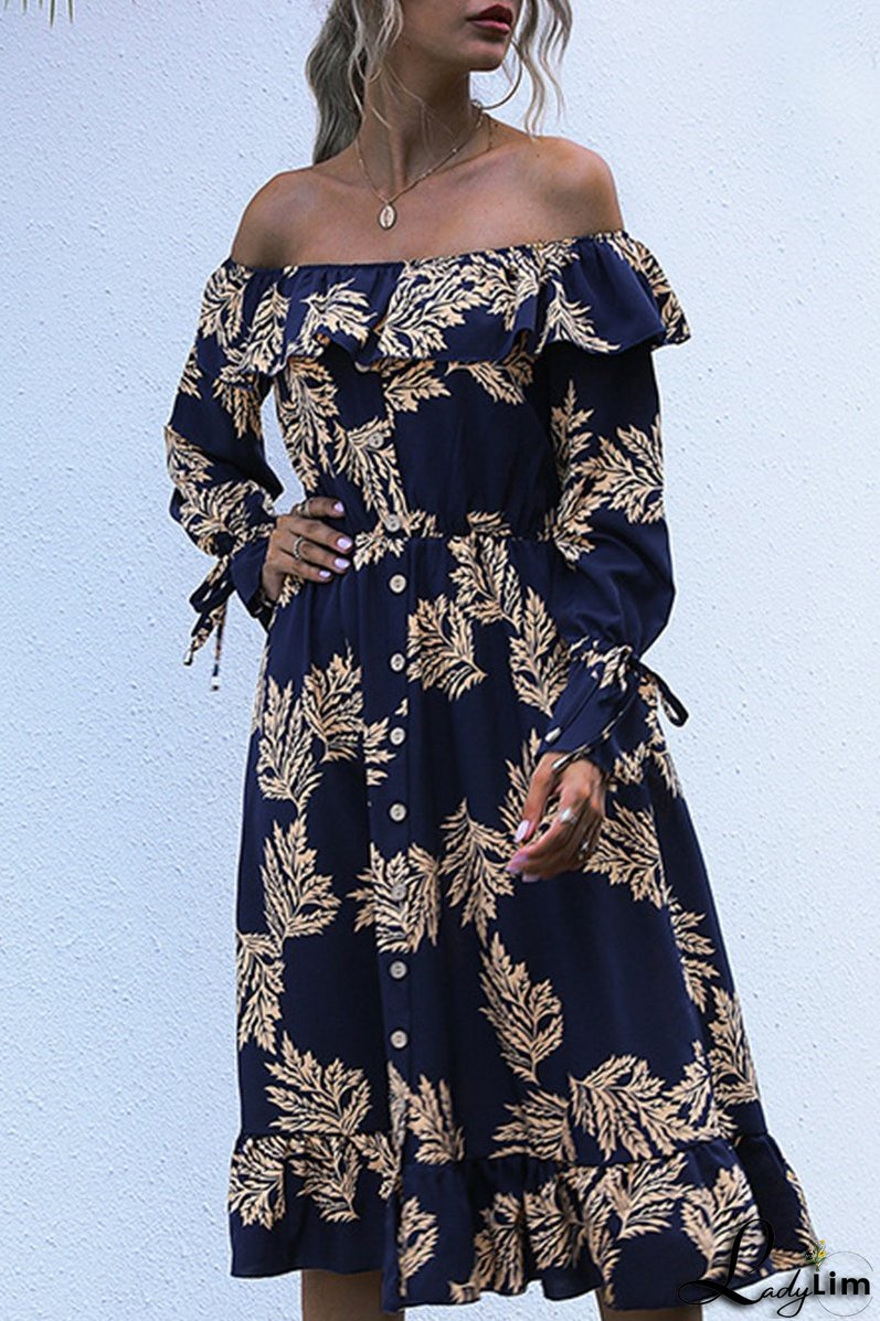 Elegant Floral Buckle Flounce Off the Shoulder Waist Skirt Dresses