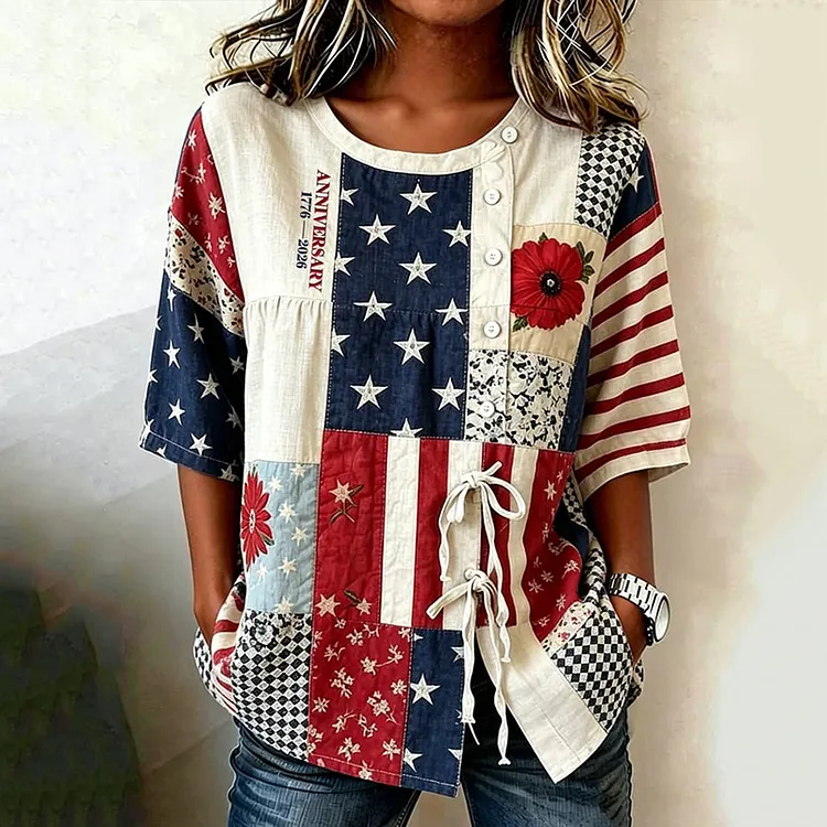 Women's Independence Day Flag & Floral Pattern Casual Tie-front Shirt