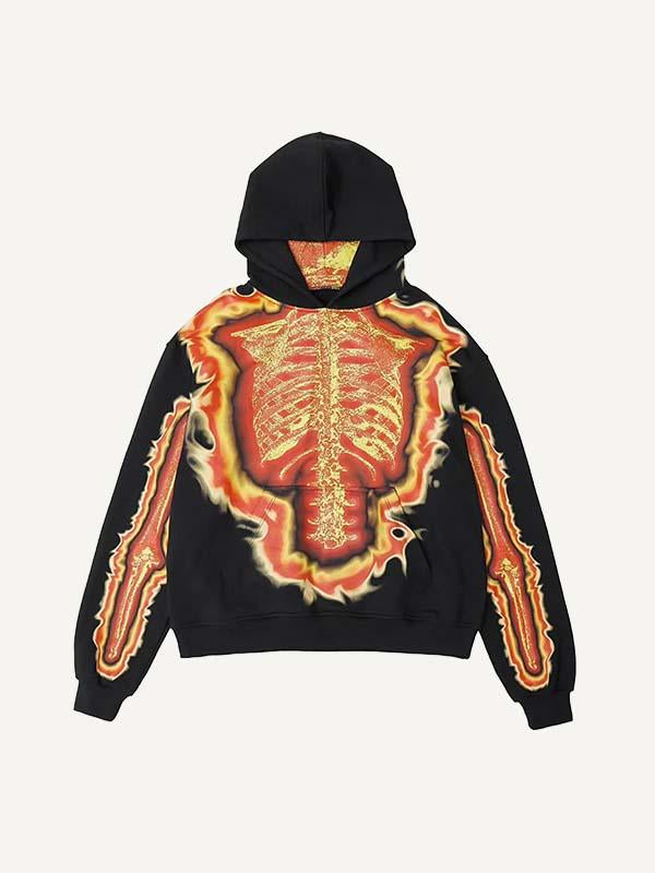 Fire Skeleton Faux Decal Print Slant Pockets Hoodie