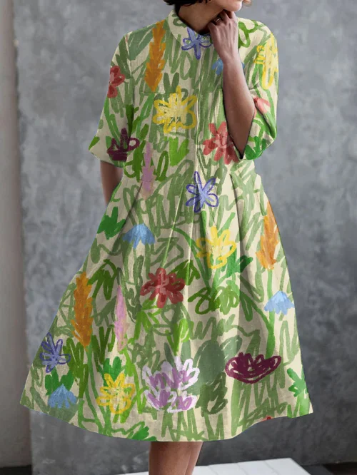 Vintage Art Floral Print Casual Pocket Half Sleeve Dress