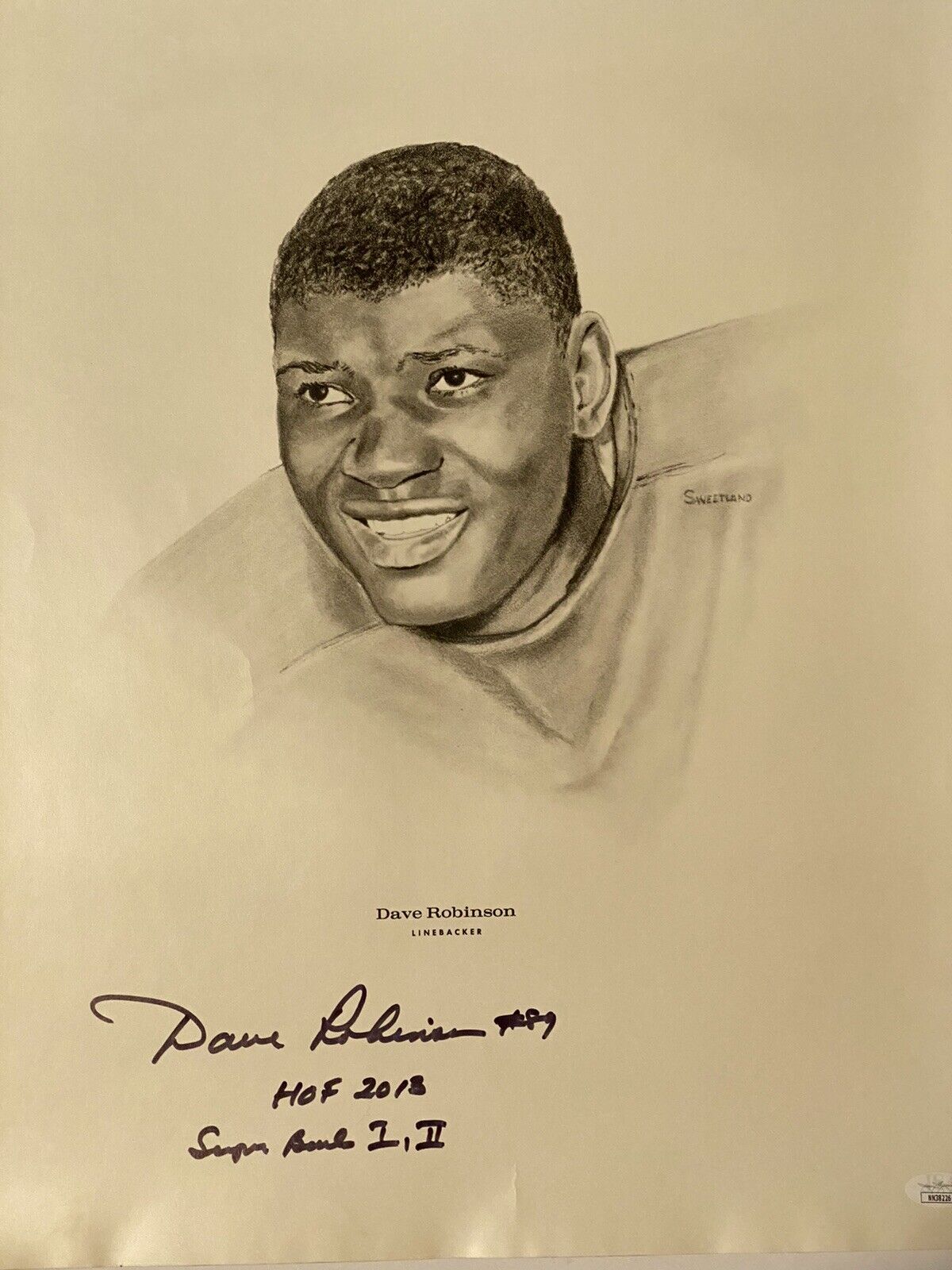 Packers DAVE ROBINSON Signed 16x20 Litho w/ multiple inscriptions JSA COA