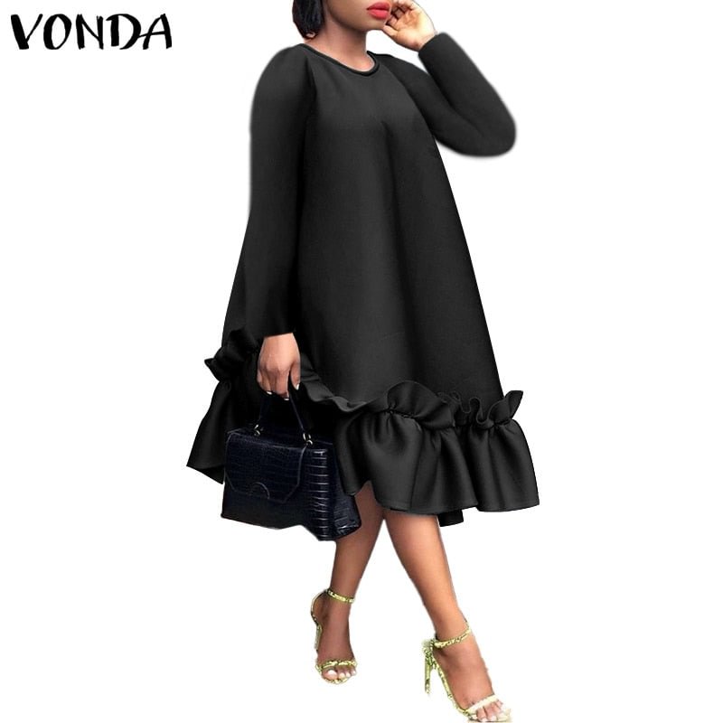 Plus Size Women Dress 2022 VONDA Casual Solid Color Dresses Vintage Sundress Long Sleeve Ruffled Vestido Robe Femme