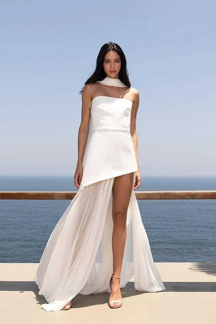 Hellodresses Strapless Sleeveless Split Long Prom Dress With Pleated Tulle