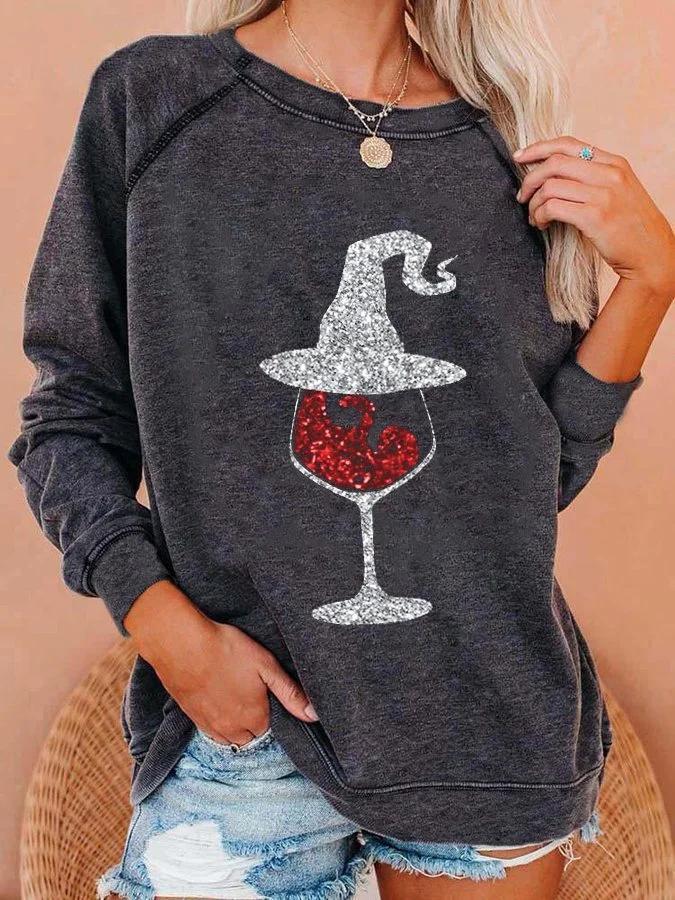 Women's Halloween Witch Hat Wine Glass Print Sweatshirt