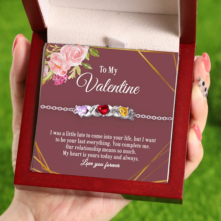 To My Valentine Personalized Bracelet Custom 3 Heart Birthstones Romantic Gift