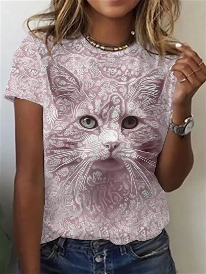 Short-sleeved Straight Type Pullover Round Neck Cartoon Cats Digital Printing T-shirt Pink Purple Blue Green | 168DEAL