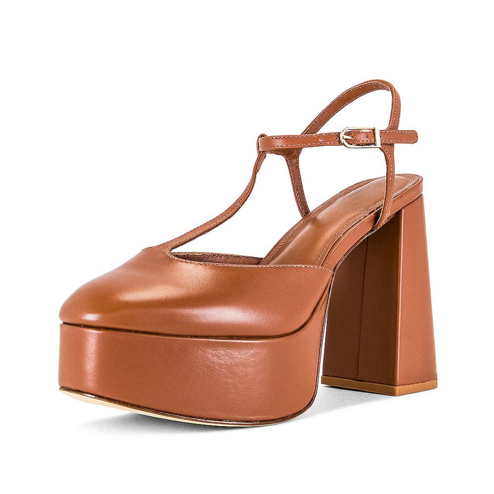 Tan T-Strap Buckle Round Toe Chunky Heel Platform Sandals for Women Nicepairs
