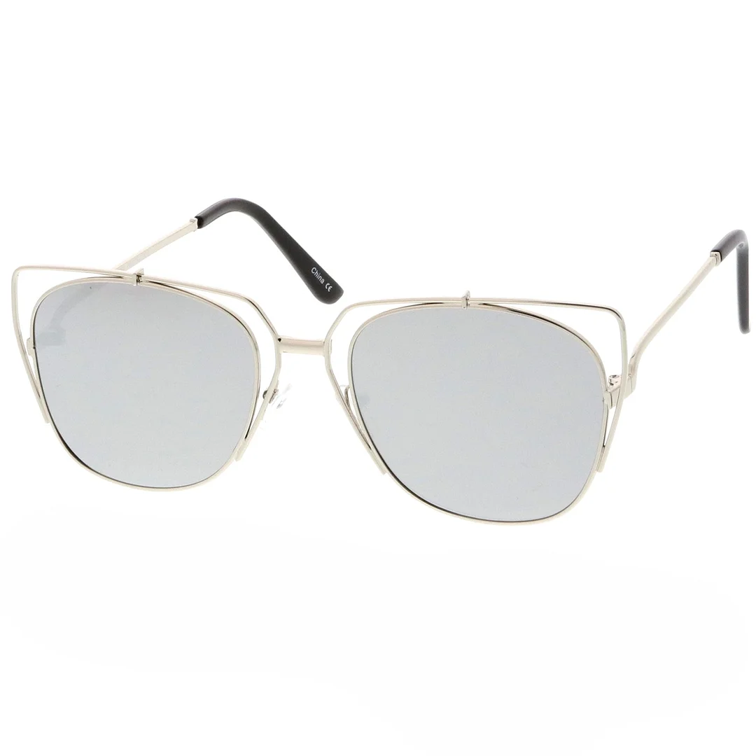 Women's Open Metal Cat Eye glasses With Mirrored Flat Lens And Slim Arms 55mm