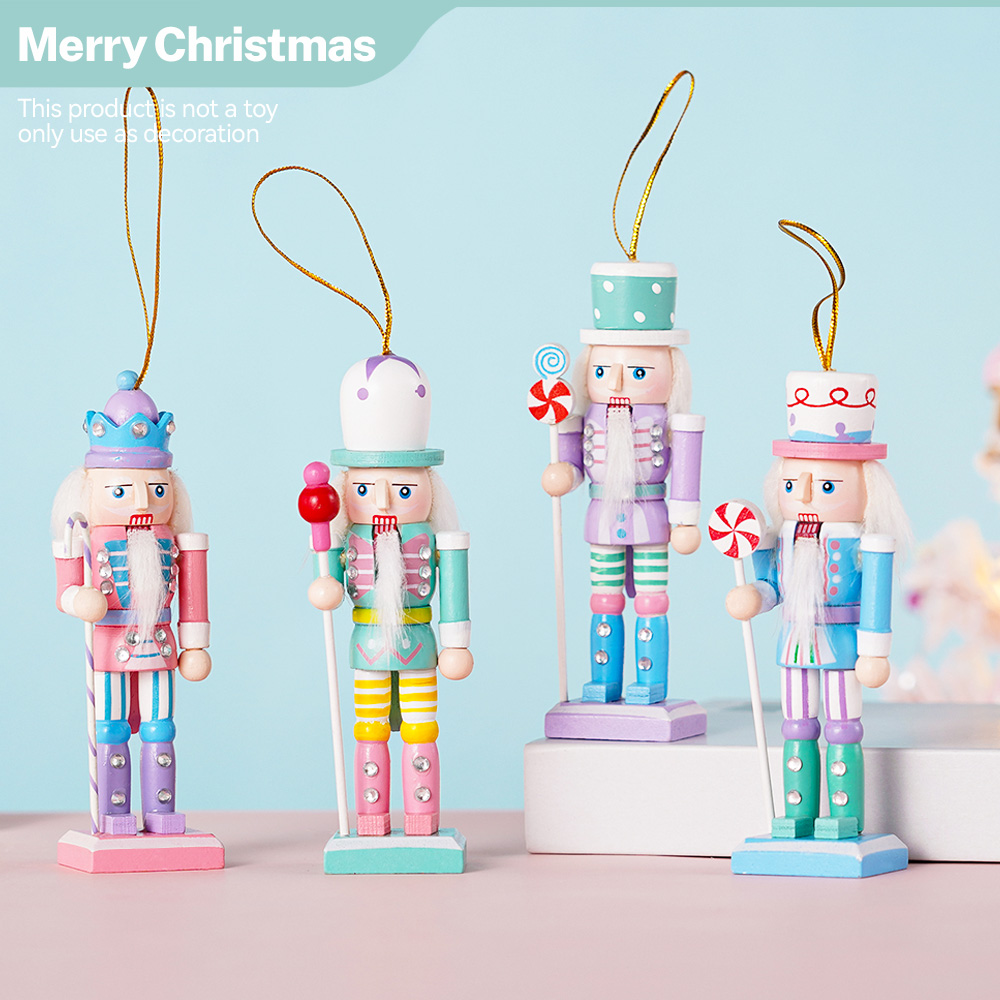 Tegooe 4PCS Wooden Nutcracker Figurines Set - Macaron Candy Christmas Tree Ornaments
