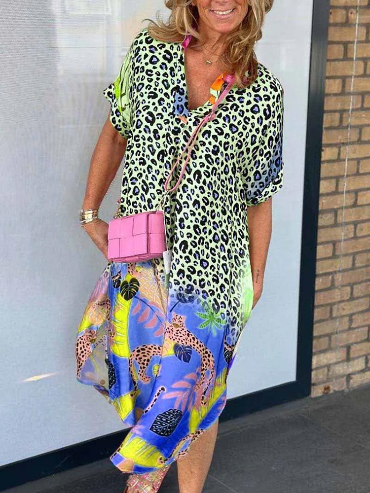 Women Boho Dress Summer Fashion Split Part V Neck Short Sleeve Midi Loose Casual Beach Holiday Dresses For Women Robe Femme Prom
