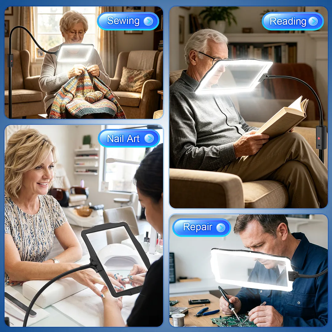 BEBANG Extra Large Floor Magnifying Glass with Light and Stand, Rechargeable Floor Magnifying, Flexible Gooseneck Hands Free Magnifying Desk Lamp
