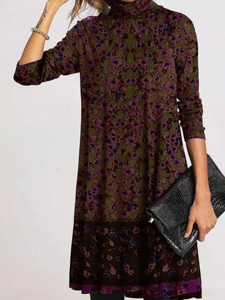 Women's Work Dress Shift Dress Floral Dress Midi Dress Green Blue Purple Long Sleeve Floral Print Winter Fall Spring High Neck 1950s Winter Dress Office Birthday Loose Fit 2022 S M L XL XXL 3XL