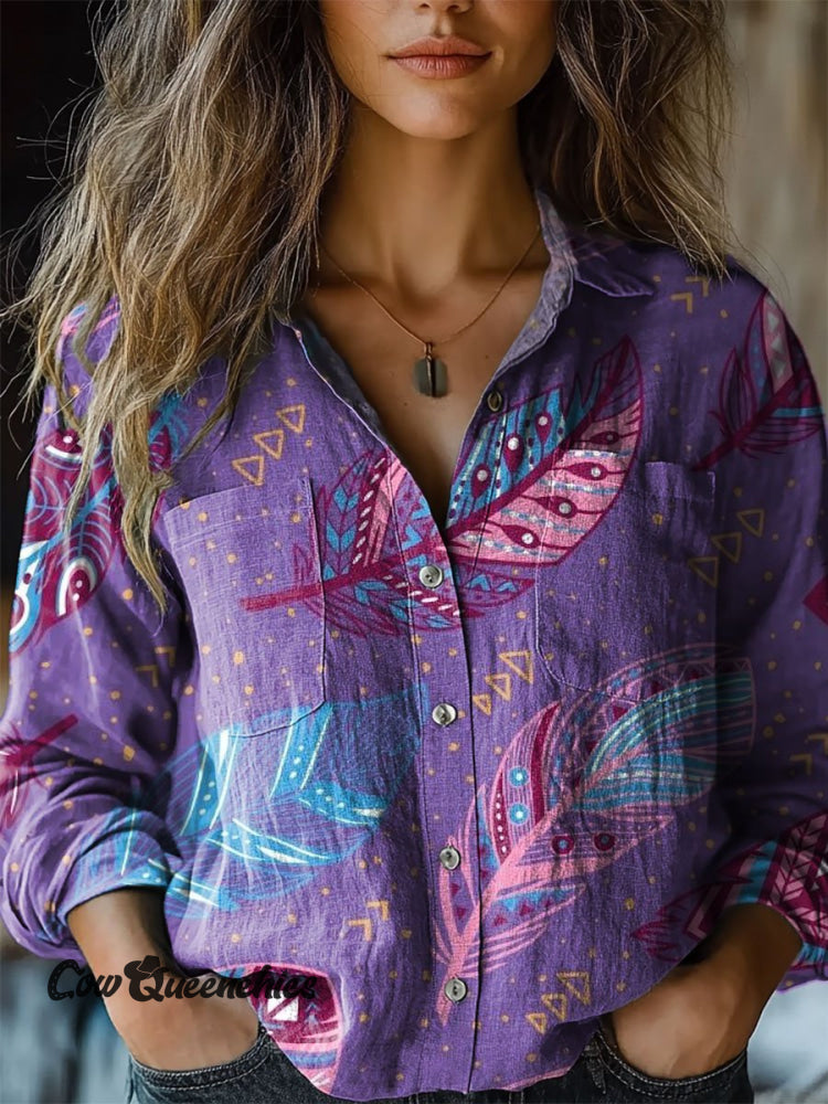 Women’s Feather Pattern Art Print Casual Long Sleeve Comfortable Cotton Shirt Multicolor / S