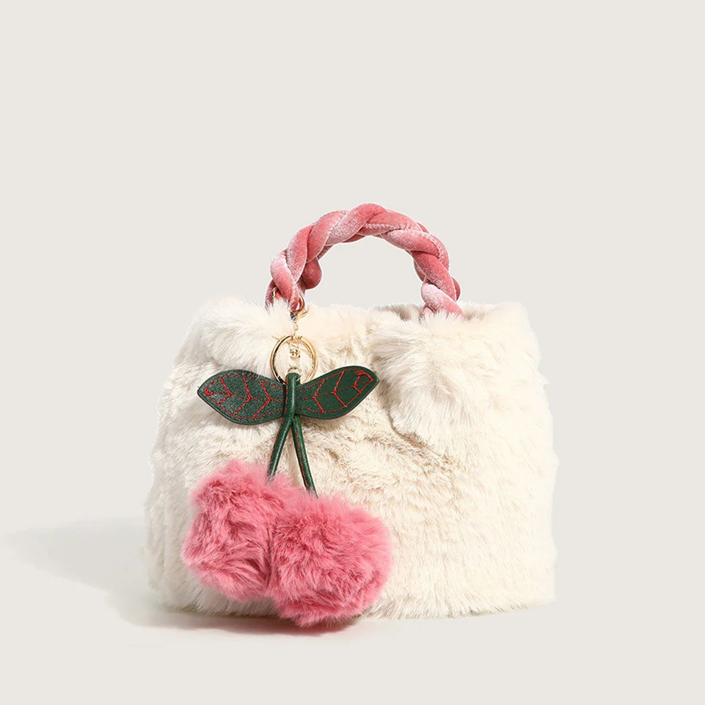 Cute Cherry Trim Twist Shoulder Strap Fluffy Tote Bag - White