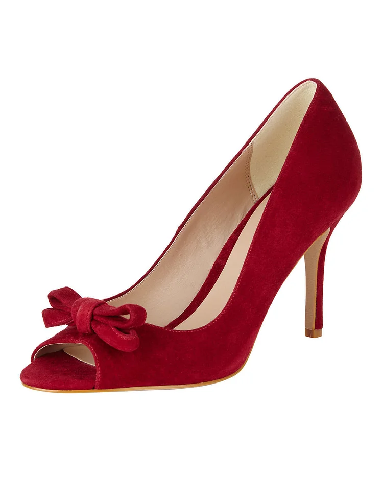 Women's Red Heels Bow Peep Toe Heels Stiletto Heels Pumps |FSJ Shoes