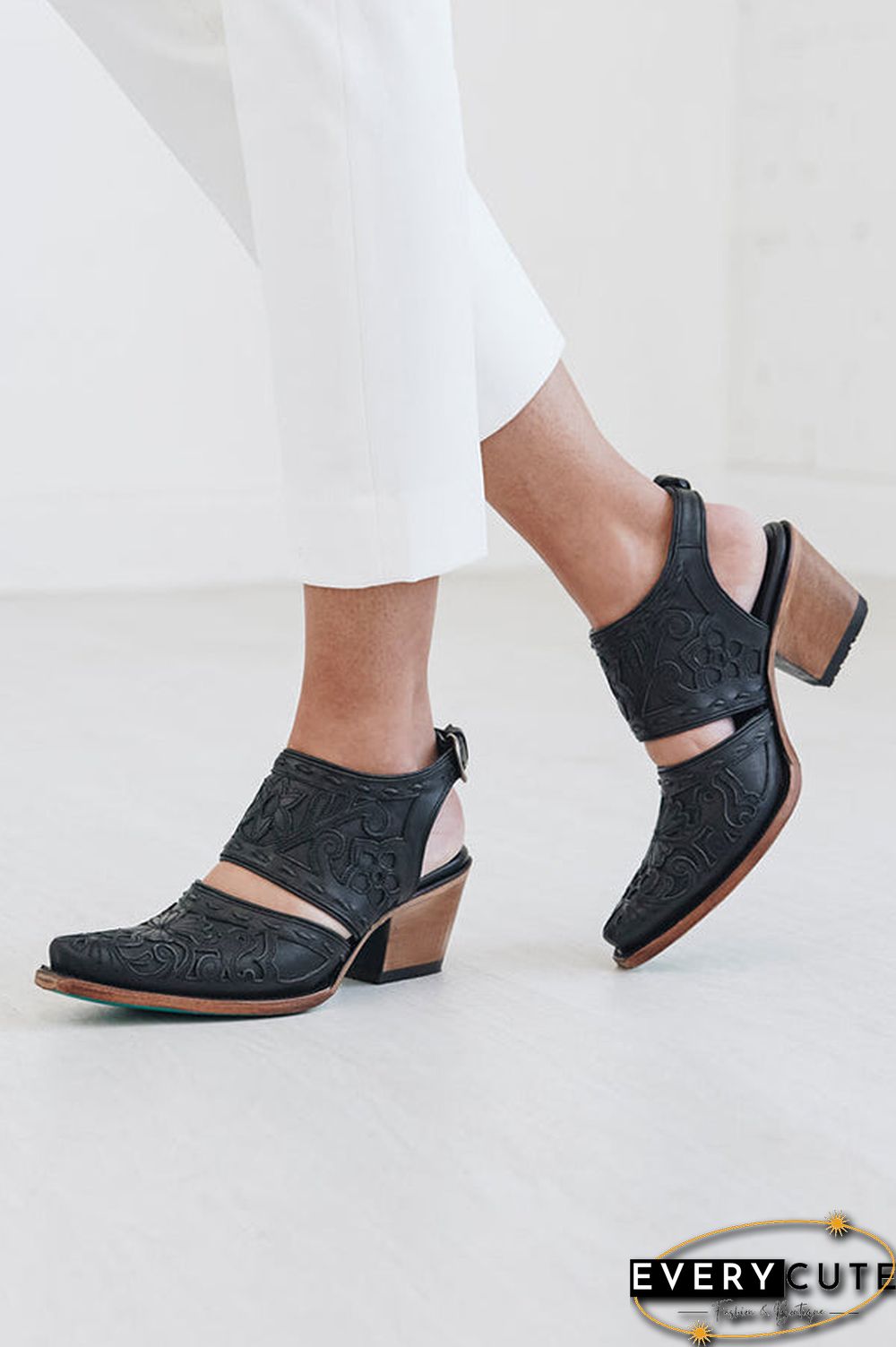 Etching Cut Out Chunky Heels Ankle Mule Boots