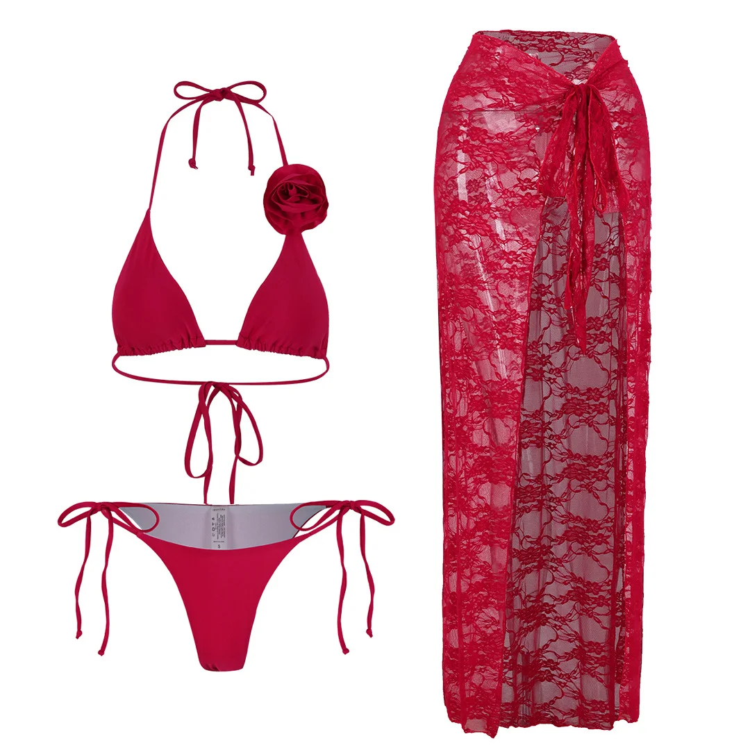 Uveng Three-Point Solid-Color Bikini Sexy Strapped Split Swimsuit Women's Three-Piece Set 2025 New