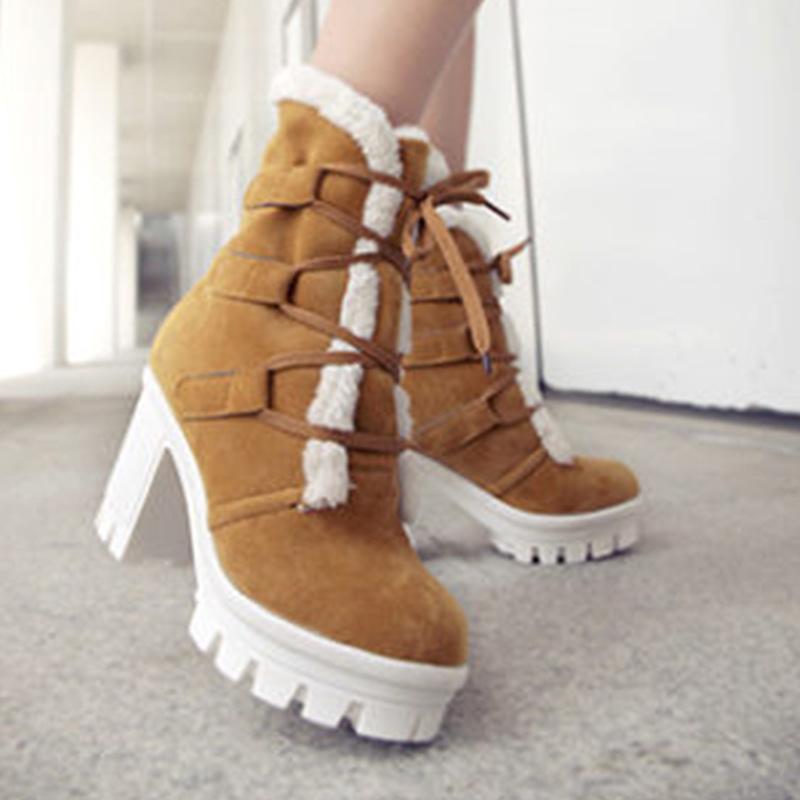 Winter warm fur lining front lace platform chunky high heeled ankle boots