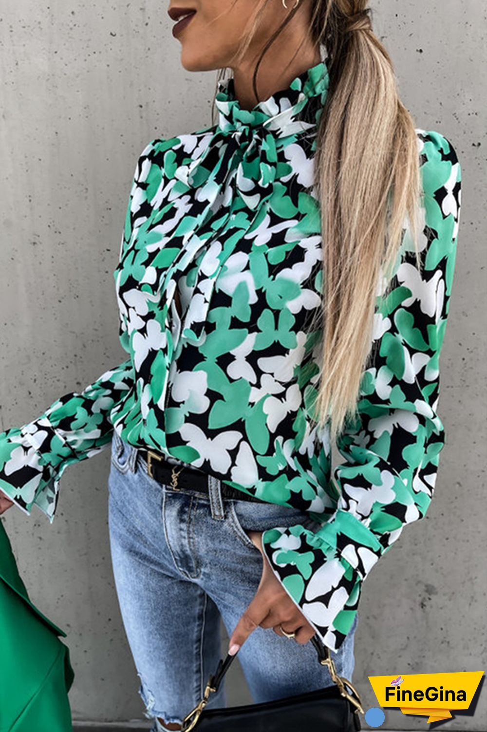 Fashion Elegant Print Flounce Strap Design Stringy Selvedge Collar Tops