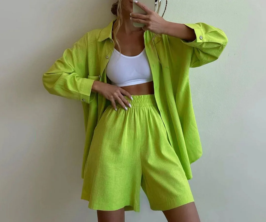 Fashion Solid Color Long Sleeves Shirt Loose Shorts Suit