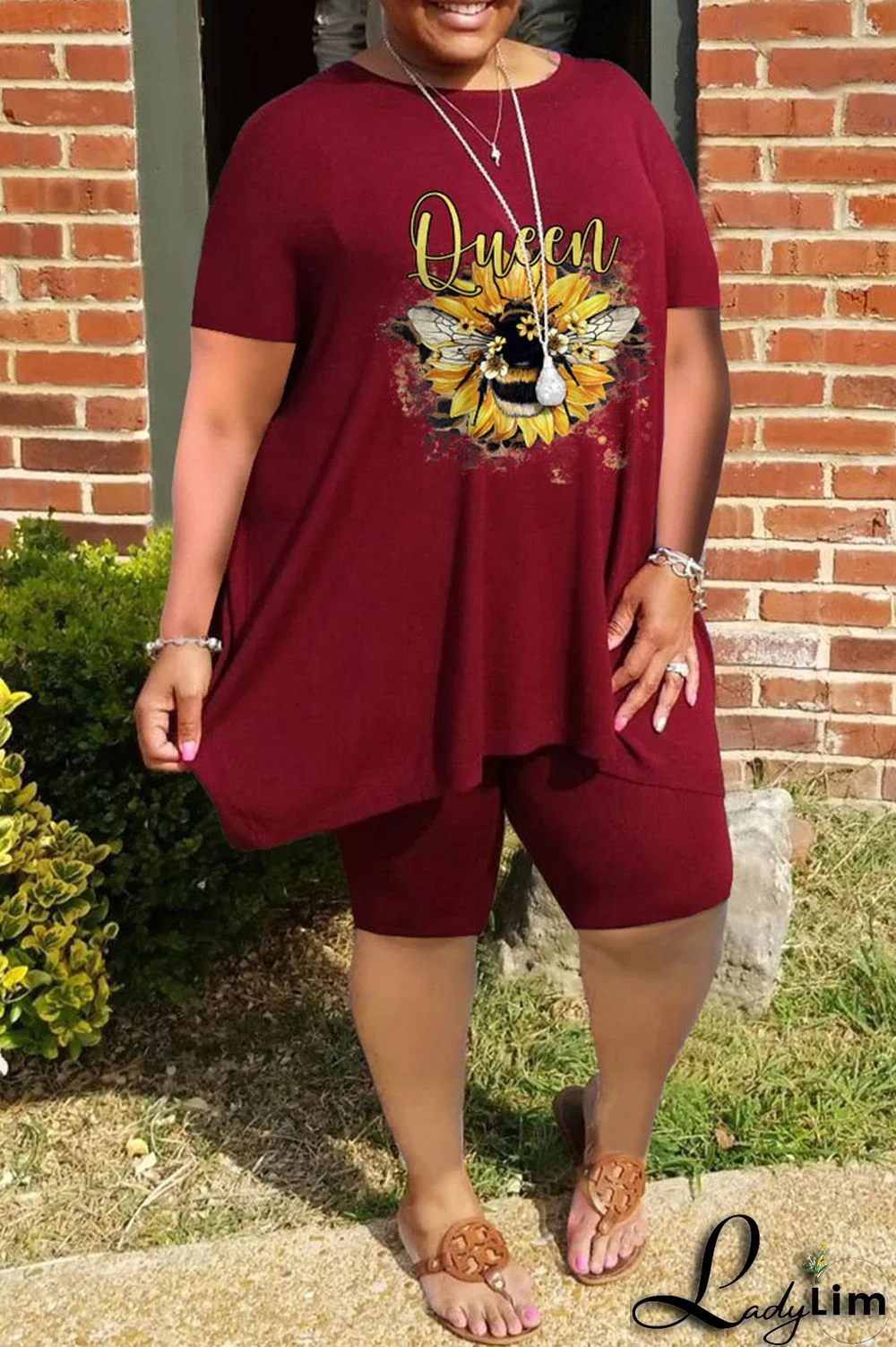 Blue Casual Print Split Joint O Neck Plus Size Two Pieces