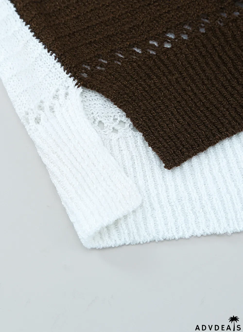 Brown Zipped Front Colorblock Hollow-out Knit Hoodie