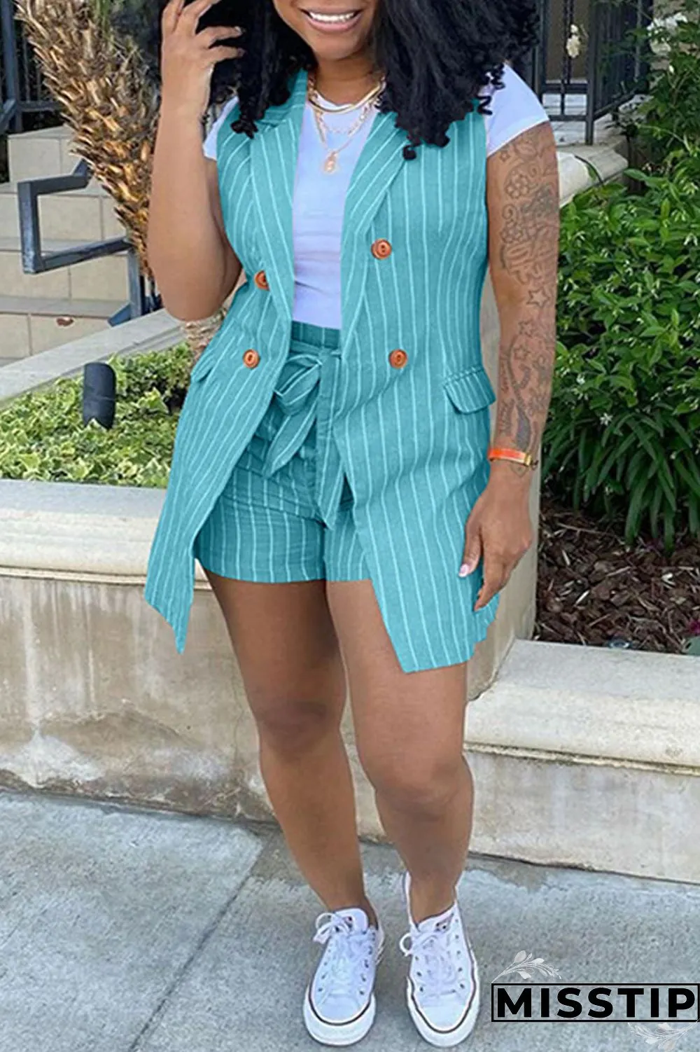 Khaki Fashion Casual Striped Print Patchwork Cardigan Turndown Collar Plus Size Two Pieces (Without T-shirt)