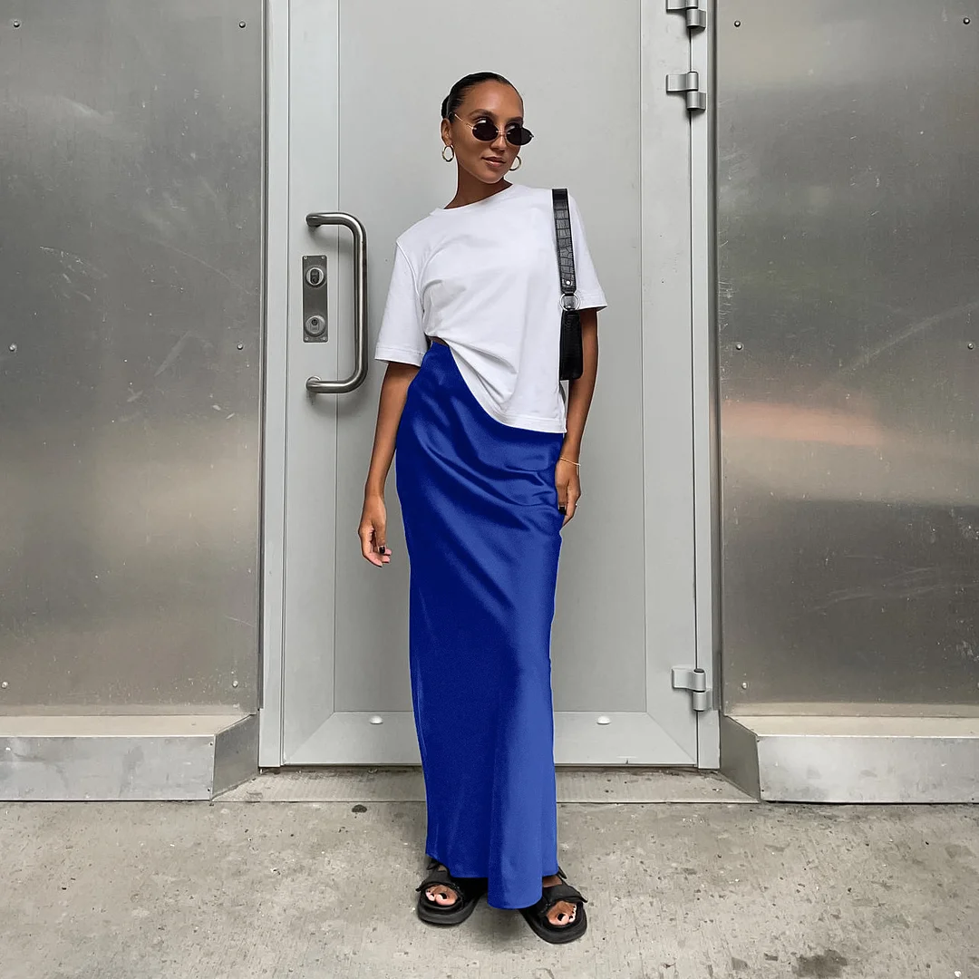 Uveng Uveng And Summer New Simulation Silk Skirt Satin Bread Hip Skirt Women Casual Color Tintail Skirt