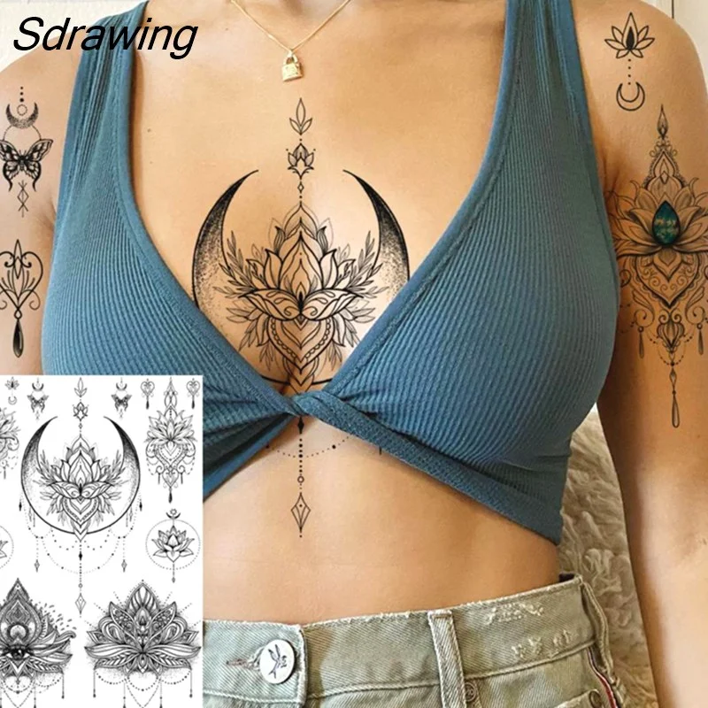 Sdrawing Henna Temporary Tattoos For Women Girls Feather Butterfly DreamCatcher Fake Gem Tattoo Sticker Chest Arm Tatoos Tribal 328-1