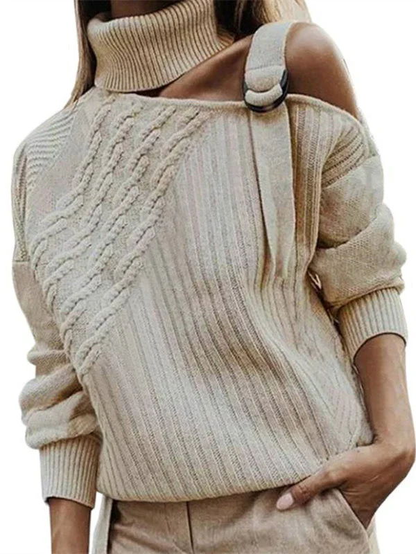 Women Long Sleeve Turtle Neck One Shoulder knit Sweaters