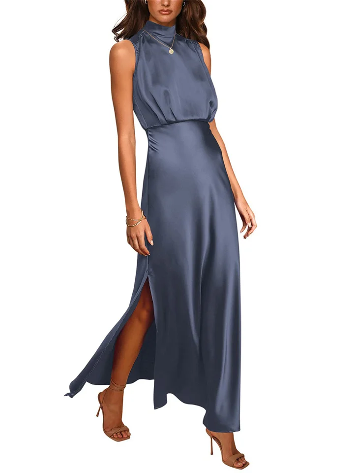 Women's Satin Stand-up Collar Dress Europe and The United States Fashionable Celebrity Sleeveless Light Evening Long Dresses