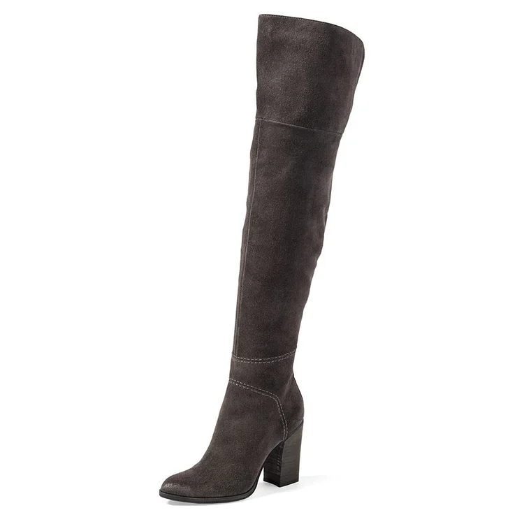 Dark Grey Long Boots Vegan Suede Over-the-Knee Chunky Heels |FSJ Shoes