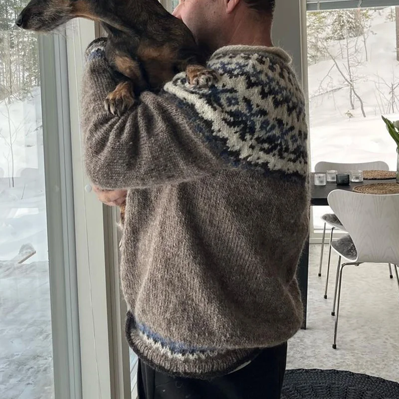 Vintage Warmth Vastarannalla Knit Jacquard Icelandic Crew Neck Sweater（Unisex ）