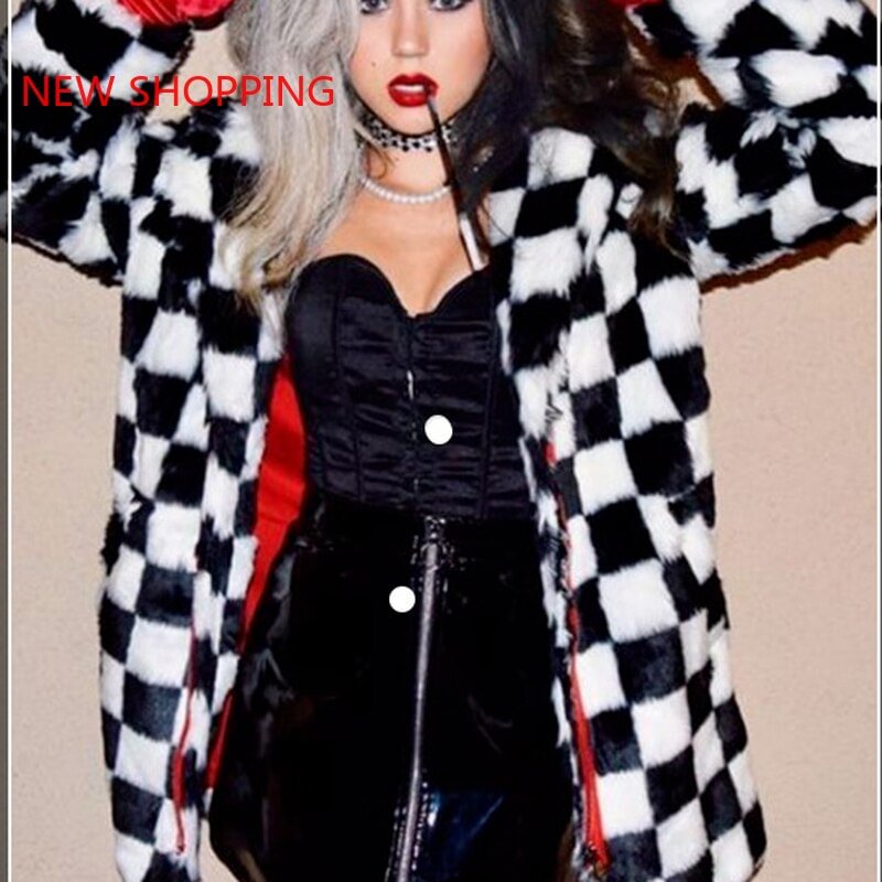 Goth Punk Jacket Women Loose Long Sleeve White Black Checkerboard Plaid Jacket Casual Hip Hop Jackets Faux Rabbit Fur Coats