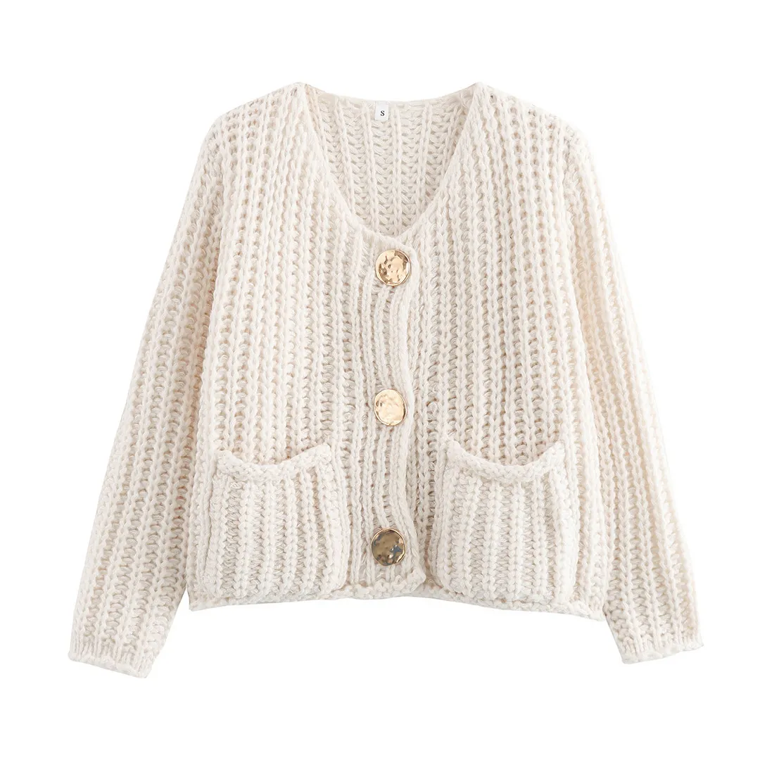 Nigikala Nigikala Women's Solid Color Single Buckle Double Pocket Short Thick Knit Shirt Coat Top B66004