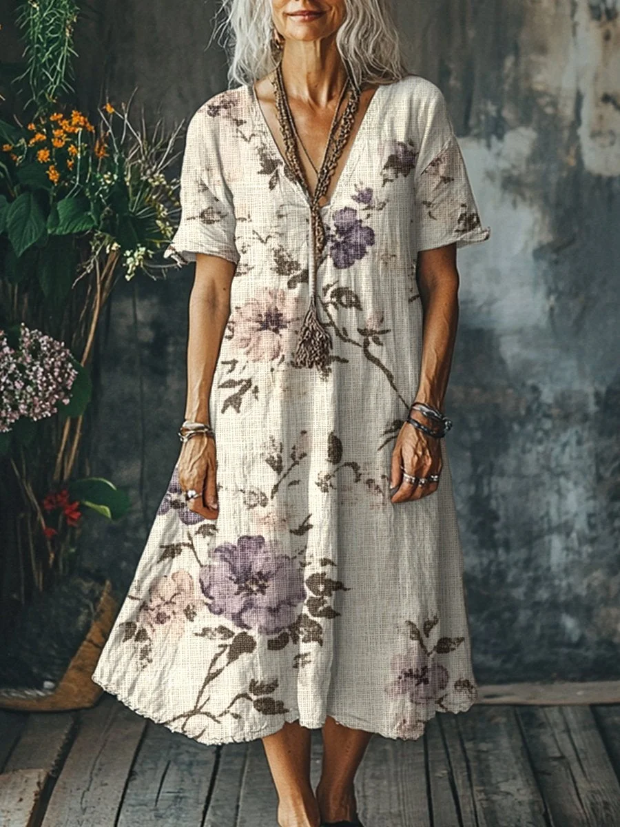 Women's Flowers Art Print Pocket Cotton Dress
