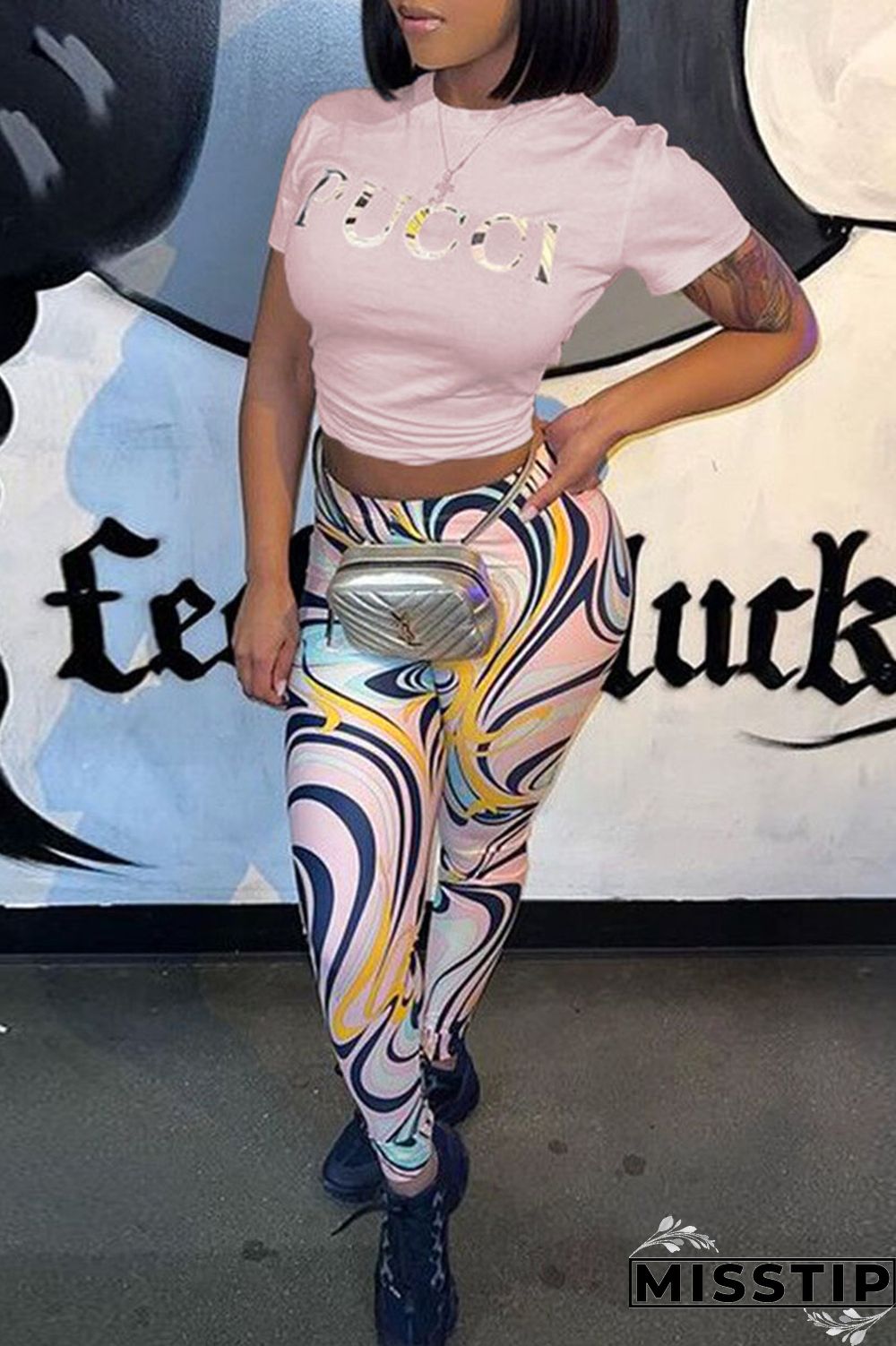 Pink Fashion Casual Print Patchwork O Neck Short Sleeve Two Pieces