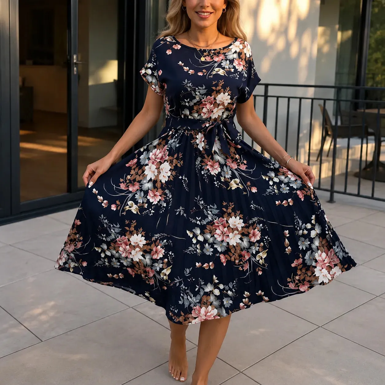 pleated waist midi jersey dress - navy flowers reviews Florenza – Floral with Tie and Flutter Sleeves Kathryn navy