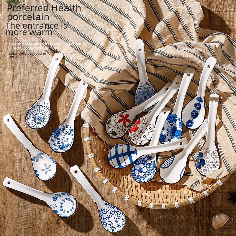 Japanese-style Small Spoon Ceramic Spoon Household Blue And White Porcelain Soup Spoon Creative Cute Pattern Spoon