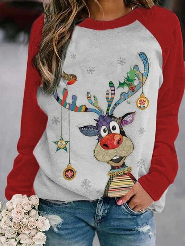 Christmas Deer Print Splicing Sweatshirt