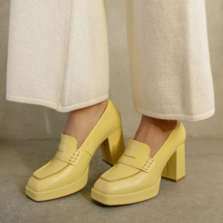 Yellow Square Toe Vintage Shoes Chunky Heel Shoes Platform Loafers |FSJ Shoes