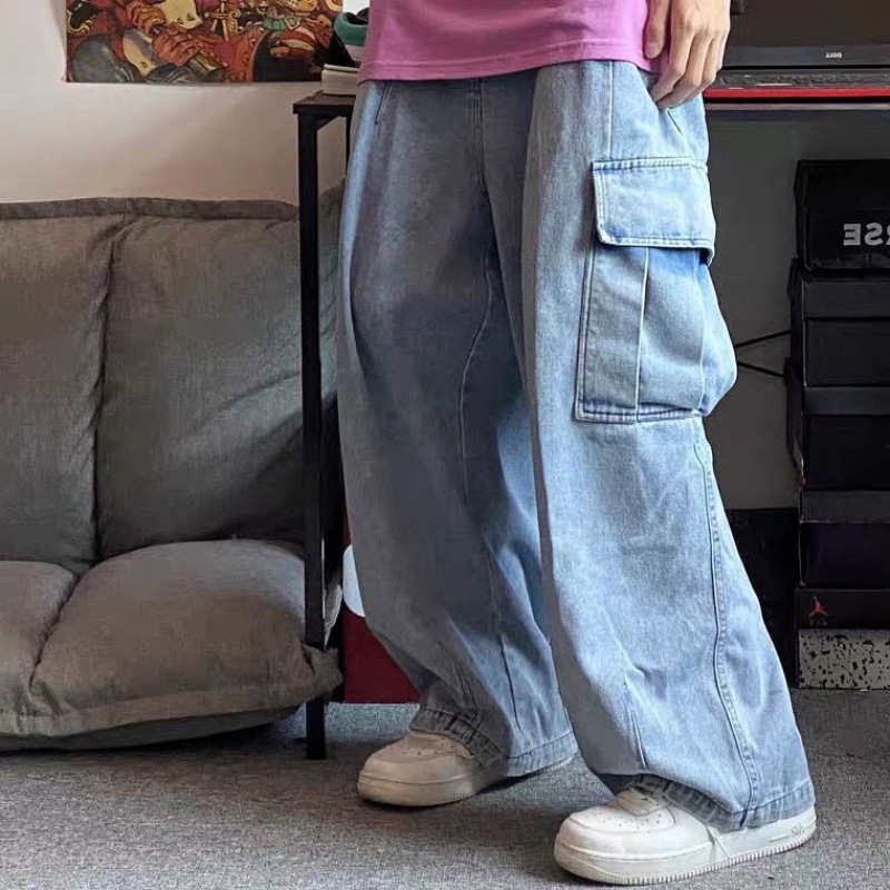 Men's Cargo Pocket Patched Straight Leg Jeans / TECHWEAR CLUB / Techwear