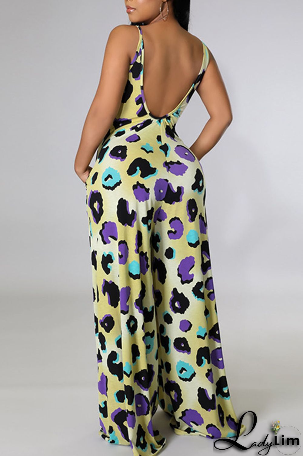 Blue Casual Print Split Joint Spaghetti Strap Straight Jumpsuits