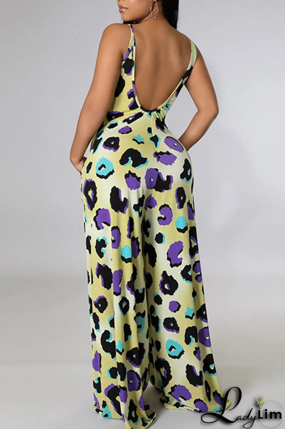 Blue Casual Print Split Joint Spaghetti Strap Straight Jumpsuits