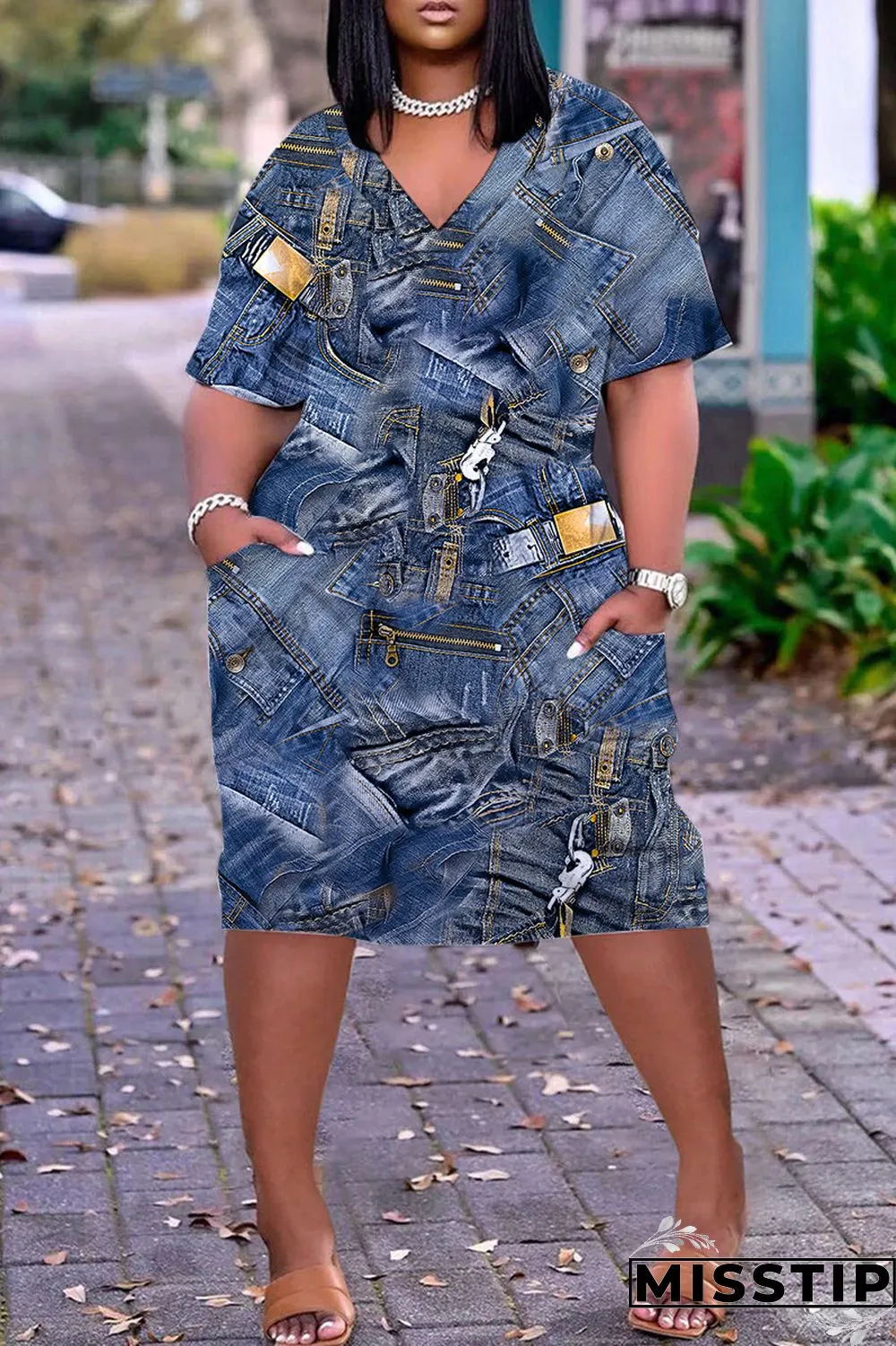 Navy Blue Casual Print Patchwork V Neck Short Sleeve Dress