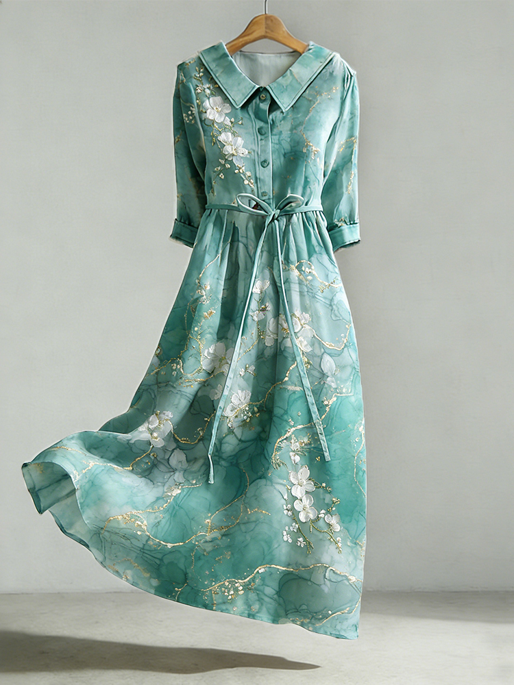 Elegant Floral Art Abstract Marble Texture Cozy Linen Maxi Dress wearshes