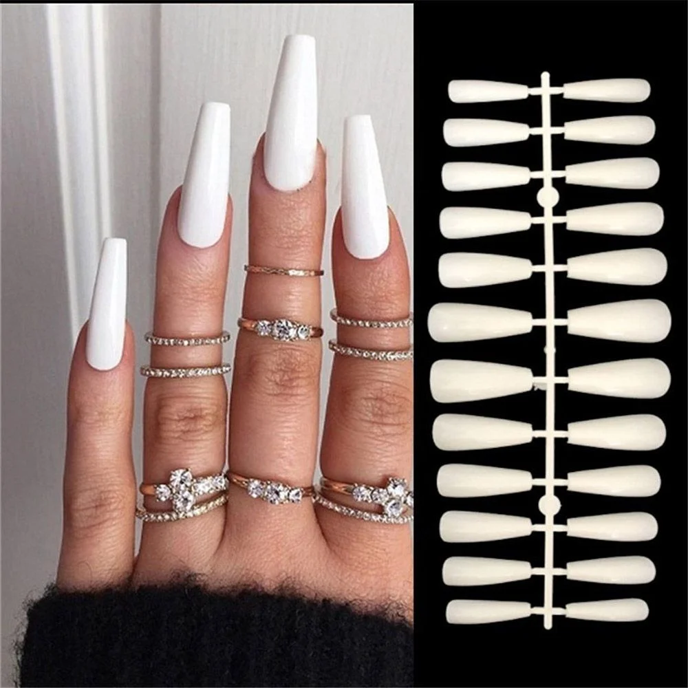 24pcs Fake nails long Frosted V-shaped French wearable false nails Detachable Full Cover with designs Coffin Ballerina Nail-Nail Inspo