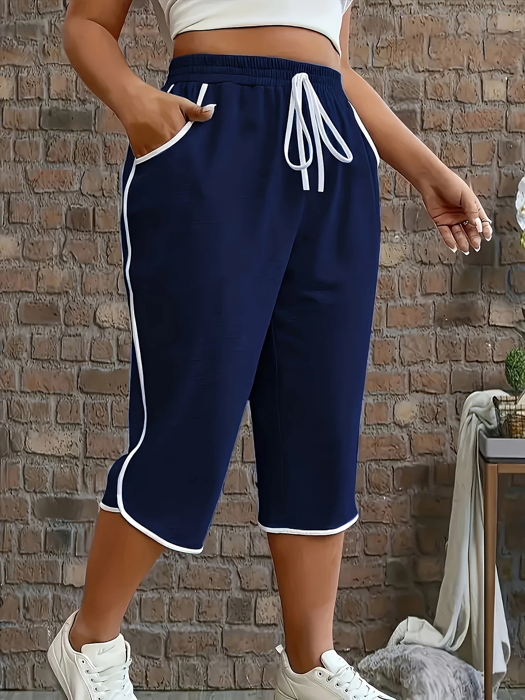 Women's Navy Blue High-Waisted Shorts With Drawstring Waist - Comfortable Mid-Length Joggers For, - Casual Style, Elastic Waistband, Side Pockets, Short | IFYHOME
