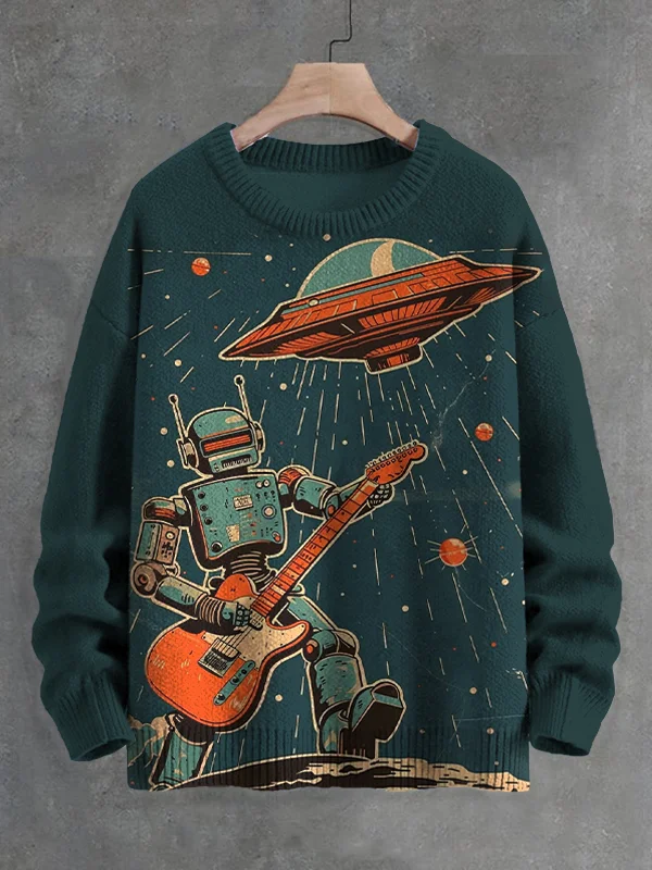 Men's Retro Space Geek Rock Music Robot UFO Print Knit Sweatshirt